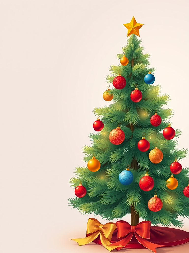 Illustration of a decorated Christmas tree with ornaments and a bow at the base, captured with a DSLR camera, 50mm lens, f/2.8 aperture, ISO 100, soft natural lighting for enhanced clarity and detail.