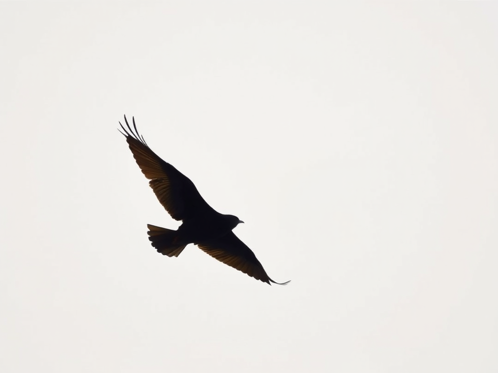 Generate a high-quality image of a black silhouette of a bird in flight, using a DSLR camera with a 50mm lens, f/2.8 aperture, ISO 100, 1/500s shutter speed, captured from a low angle against a bright sky background.