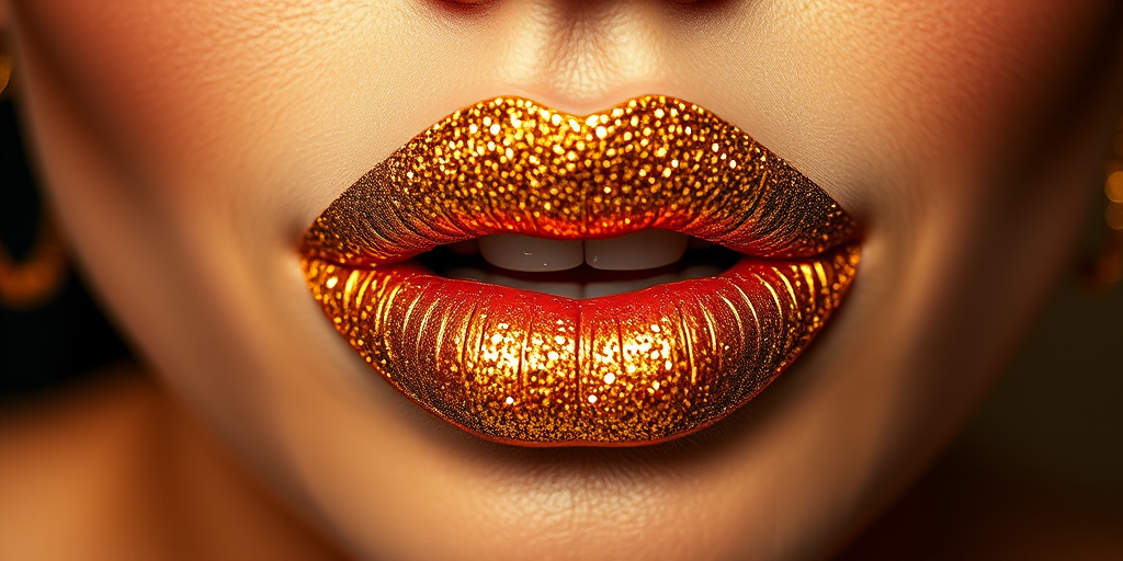 Glittery gold woman lips with high-shine topcoat, perfect for festive occasions and glamorous events