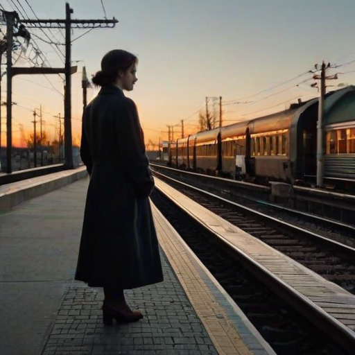 Quiet train platform at dusk, with a vintage train arriving in the distance, a woman in a long coat waits by the tracks, her suitcase by her side as she watches the train approach.