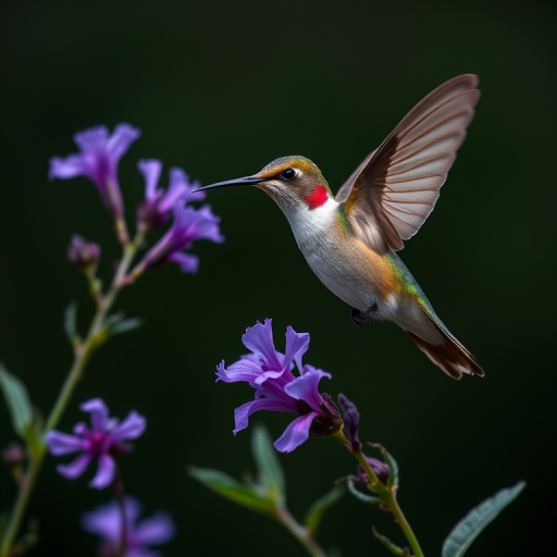 hummingbird hovering near purple flowers with a dark background, macro lens, f/2.8 aperture, 1/1000s shutter speed, ISO 400, soft focus effect, high dynamic range imaging, shot with a DSLR camera