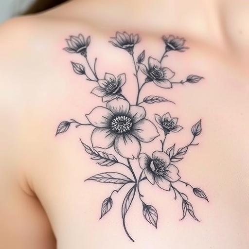 Fine line botanical tattoo called "Whispered Flora" featuring delicate, ultra-thin lines to create intricate renderings of flowers, leaves, and vines with exquisite detail