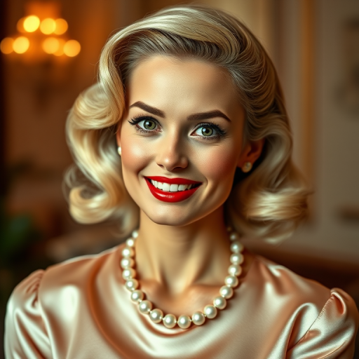 A beautiful woman reminiscent of 1950s Hollywood glamour, with perfectly styled blonde hair and a seductive smile, dressed in a satin blouse and adorned with pearls, soft and warm tones, photorealistic, 8K