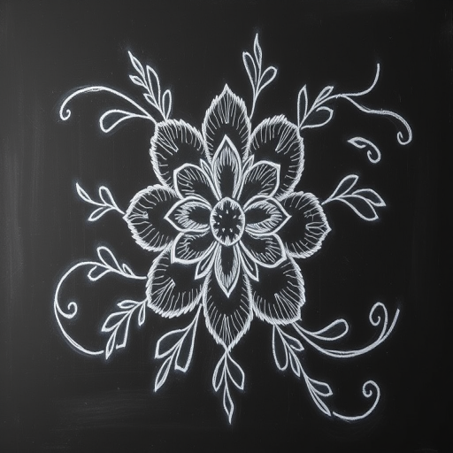 Create an intricate floral chalk drawing on a black chalkboard background, using a DSLR camera with a 50mm lens, f/1.8 aperture, ISO 200, and a soft focus effect for enhanced texture and detail.