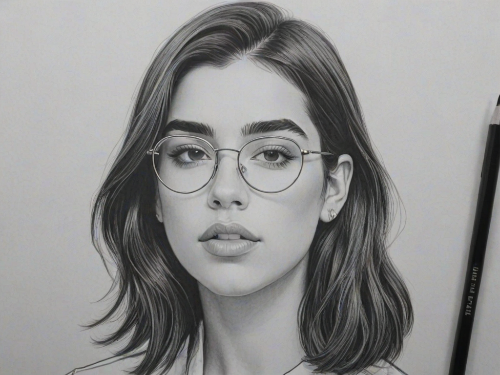 Superb Dua Lipa, pencil sketch, portrait of Gorgeous woman 1977s in glasses, hair style beatnik, outline, clear lines, fine lines, 8k