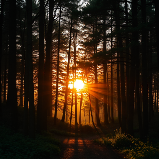 Create a high-resolution image of a tranquil forest scene at sunrise with soft, warm light filtering through the trees, using a DSLR camera with a 50mm lens, aperture set to f/1.8, ISO 200, and a shutter speed of 1/125 sec, in a landscape orientation for an immersive depth-of-field effect.