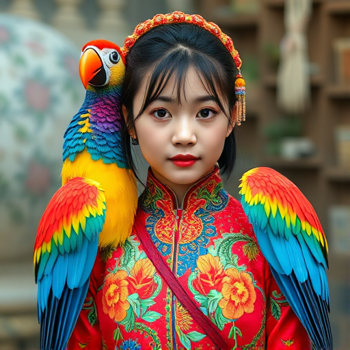 A beautiful Taiwanese girl, wearing colorful bird clothing with vibrant colors