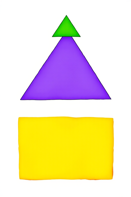 Create a vibrant illustration of a pyramid composed of three colorful layers: a green triangle on top, a purple rectangle in the middle, and a yellow rectangle at the bottom, captured using a DSLR camera with a 50mm lens, f/1.8 aperture, 1/200 shutter speed, and natural daylight for enhanced clarity and vivid colors.