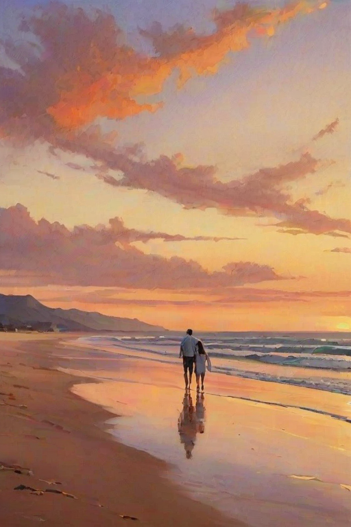 Tranquil beach scene at sunset, with a couple walking hand in hand along the shoreline, the sky painted in warm colors, and gentle waves lapping at their feet, creating a romantic atmosphere.