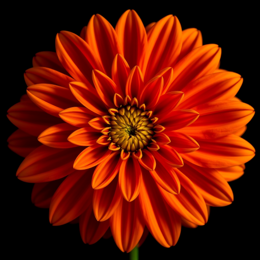 close-up of a vibrant orange dahlia flower against a black background, macro lens, f/2.8 aperture, 100mm focal length, natural lighting, high-resolution, symmetrical composition, shot with a DSLR camera.