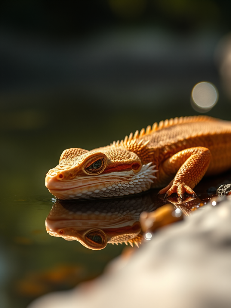 close-up of a bearded dragon resting by a body of water with reflections, natural lighting, 50mm lens, aperture f/2.8, ISO 200, shallow depth of field, DSLR camera, vibrant colors and sharp focus