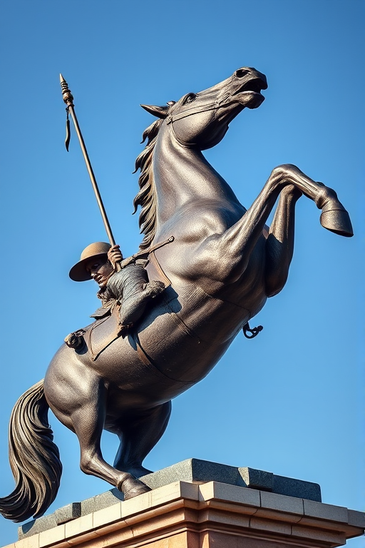 Create a detailed image of a bronze statue of a majestic horse rearing up with a rider holding a staff, set against a clear blue sky, captured with a DSLR camera, 50mm lens, f/8 aperture, ISO 100, and a high dynamic range to enhance the details and textures.