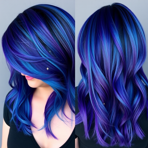 Mesmerizing galaxy-inspired hair color melding deep indigo, teal, and violet hues, styled by Nova Starlight, featuring a long shag cut with wispy bangs and star-shaped glitter accents scattered throughout