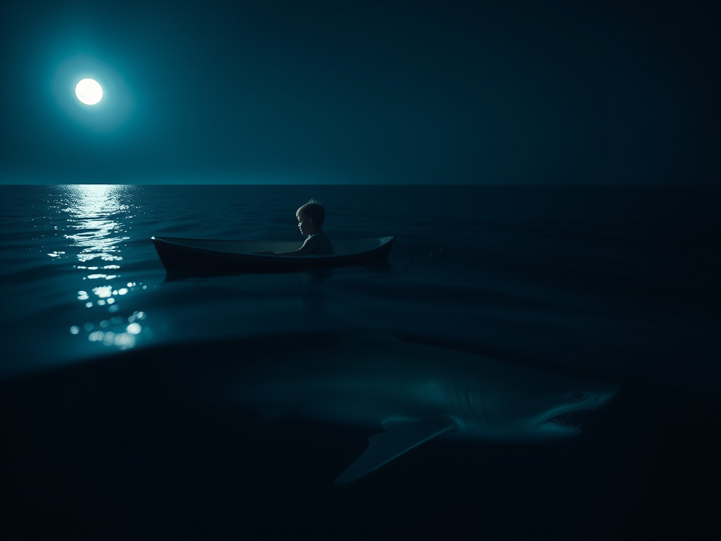 Create an image of a child in a small boat at night with a large shark swimming beneath, capturing the moonlit ocean scene, use a DSLR camera with a 50mm lens, aperture f/2.8, ISO 400, and employ a shallow depth of field for enhanced focus on the child and contrast against the dark waters.