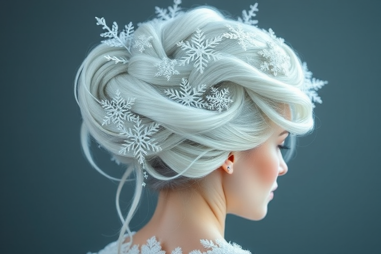 Icy white hair with subtle hints of pale blue, styled in a sculptural avant-garde updo resembling delicate snowflakes and icicles, creating a winter wonderland effect called Frost Monarch