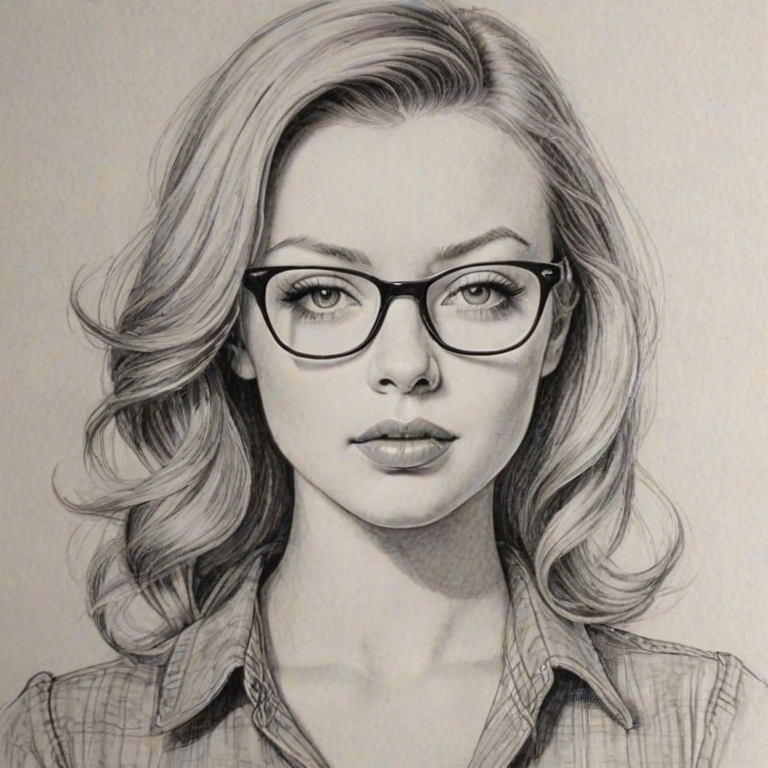 Comely Francesca Eastwood, pencil sketch, portrait of Superb woman 1939s in glasses, hair style beatnik, outline, clear lines, fine lines, 8k