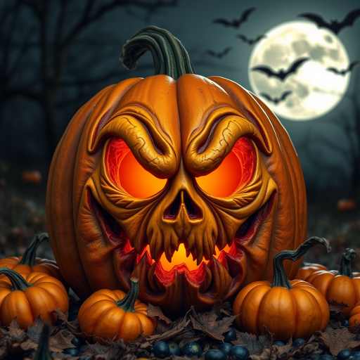 Create a close-up of a spooky Halloween pumpkin with exaggerated features and glowing eyes, surrounded by smaller pumpkins and autumn leaves, under a full moon with bats flying in the background, using a Canon EOS R5 camera, 50mm lens, f/1.8 aperture, ISO 100, 1/200 sec exposure, in HDR style for enhanced detail.