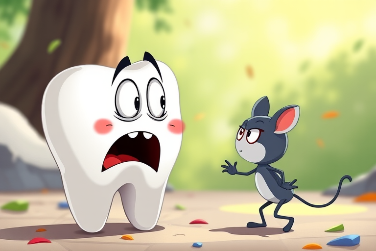 Create a high-quality cartoon illustration of a scared tooth character being confronted by a small, mischievous creature, using a Canon EOS R5 with a 50mm f/1.2 lens, aperture set to f/4, ISO 100, in natural light, with a clear view and vibrant colors to enhance the details and expressions.