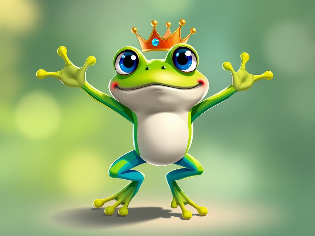 Create a vibrant cartoon illustration of a cheerful frog with big blue eyes and a crown, jumping with its arms raised in a playful manner, using a Canon EOS 5D Mark IV camera, f/8 aperture, 50mm lens, in soft natural lighting for enhanced image quality.