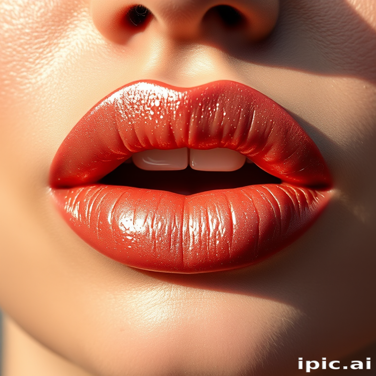 Dreamy woman lips showcasing a shimmering champagne lip gloss, luminous and multidimensional, reflecting light beautifully, enhancing natural lip shape