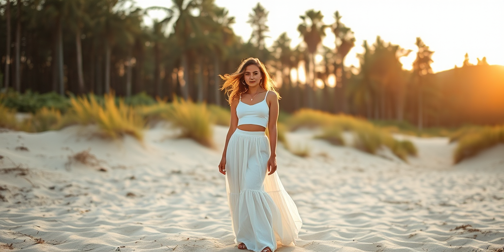 Regenerate the image of a woman in a white crop top and long skirt standing on sandy terrain with a forest backdrop, shot in natural light at golden hour, using a 50mm lens, aperture set to f/1.8, ISO 100, and a soft focus for a dreamy effect.