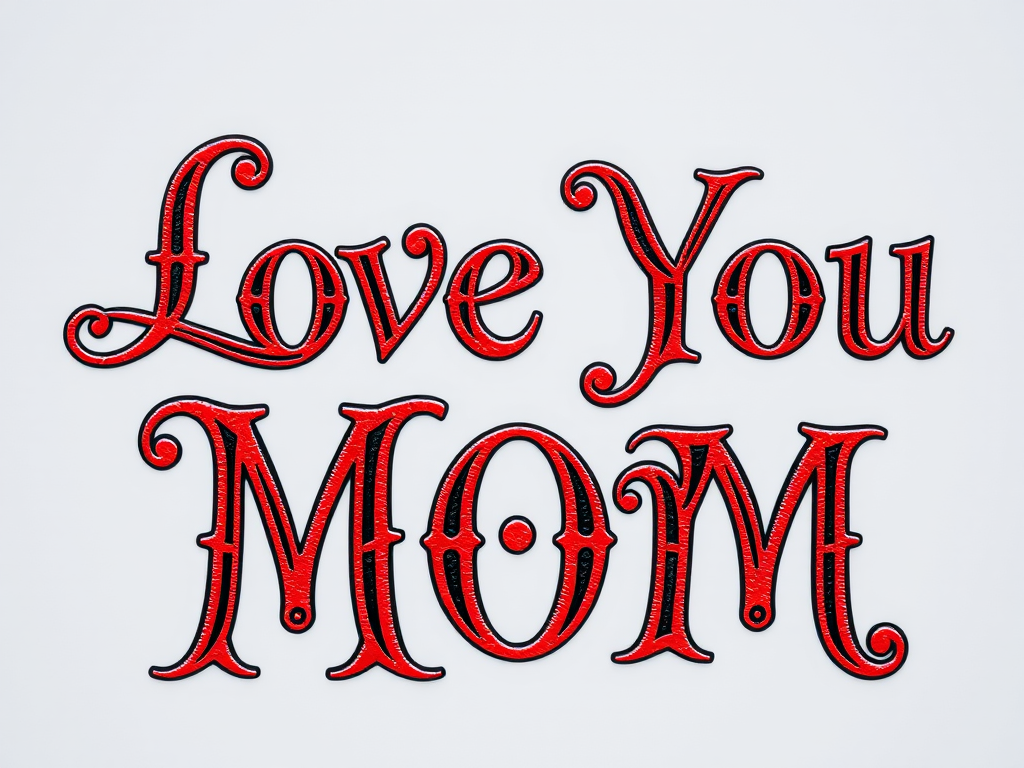 Create an image of the text "Love You Mom" featuring intricate red and black lettering in a decorative style, shot with a DSLR camera, aperture f/2.8, ISO 100, focal length 50mm, and in a shallow depth of field to enhance clarity and detail.