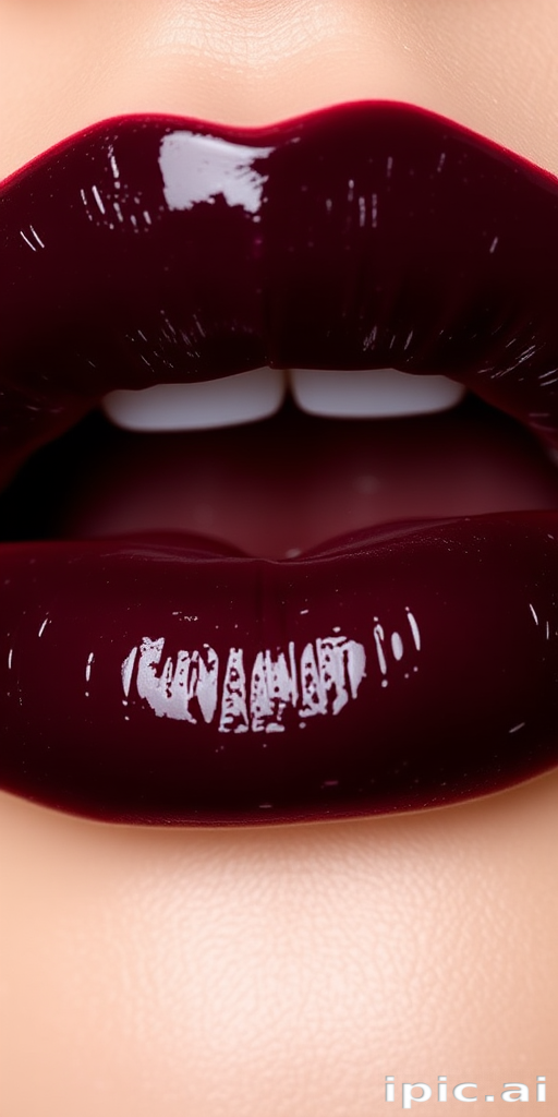 Glossy black cherry lips with a juicy finish, dubbed "Midnight Berry," feature a deep, rich color and a hydrating formula for comfortable wear