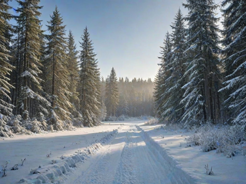 a serene winter landscape featuring a snow-covered path leading through a misty field with a dense forest of evergreen trees in the background under a clear blue sky