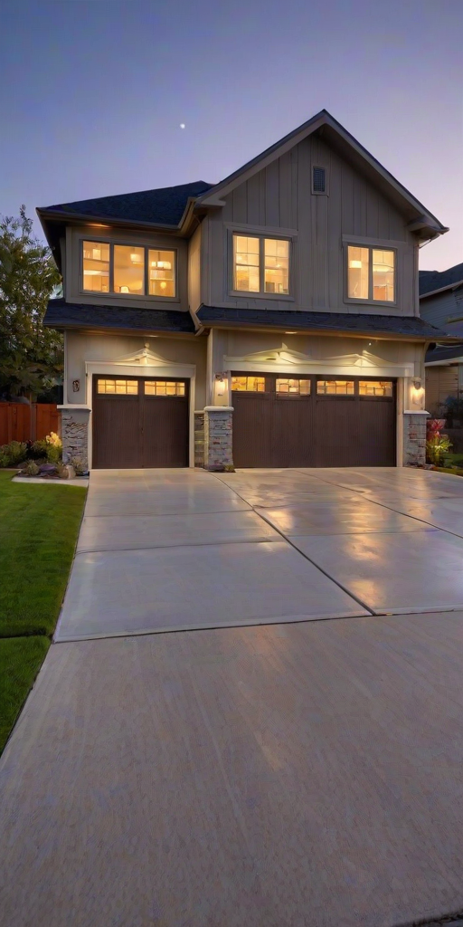 suburban house, dusk, modern architecture, two-story, garage doors, wet driveway, landscaped, front lawn, exterior lighting, clear sky, twilight hues, residential area, paved road, high dynamic range, wide angle, curb appeal, stone accents, window reflections, tranquil scene