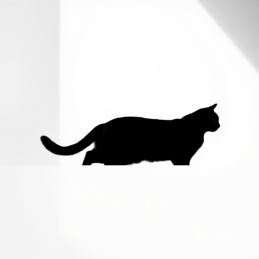 Create a high-resolution image of a minimalist black cat silhouette against a white background, captured with a Canon EOS R5 camera at f/8 aperture, ISO 100, 50mm lens, using soft natural lighting to enhance details and smooth edges.