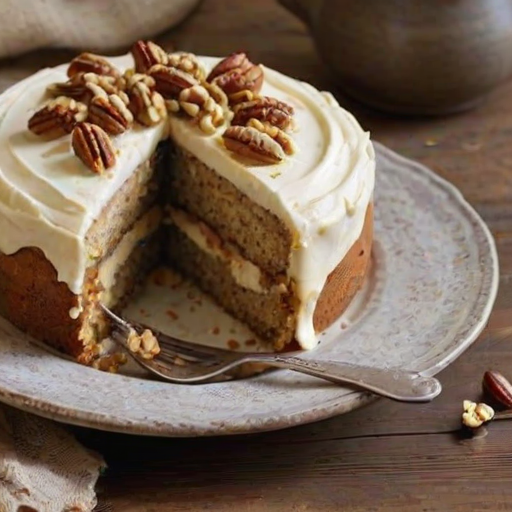 Generate an image of a freshly baked cake with a rich, creamy frosting and topped with chopped nuts. The cake should have a moist texture and be displayed on a rustic plate with a slice removed to reveal its interior. The setting should be warm and inviting, possibly with a soft cloth and a decorative background.