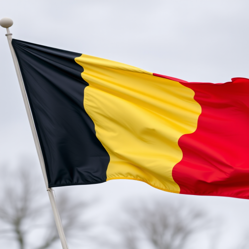 A highly detailed image of the Belgian flag waving in the wind, taken with a DSLR camera at f/8, ISO 100, 1/250 sec, in landscape orientation, soft focus background to enhance the colors of the flag.