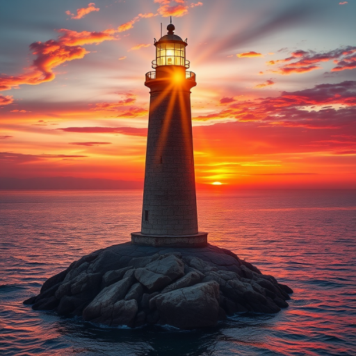 Generate an image of a tall lighthouse perched on a rocky outcrop surrounded by calm ocean waters during a breathtaking sunset. The lighthouse stands sturdy and weathered, its stone surface illuminated by the warm golden light of the setting sun. The sun's rays pass directly through the glass lantern room at the top of the lighthouse, casting a brilliant light across the scene. The sky is painted with vibrant shades of orange, pink, and purple, reflecting off the tranquil sea. The surrounding water shimmers with the same warm hues, creating a serene and majestic atmosphere.
