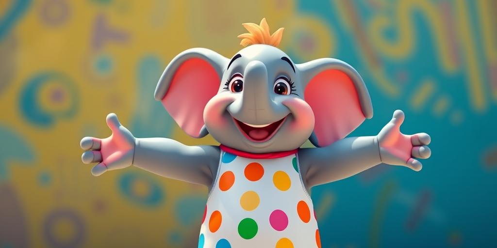 Generate an image of a colorful cartoon elephant character wearing a polka dot outfit, arms wide open, smiling joyfully, with a vibrant background, captured with a DSLR camera, f-stop 4.0, ISO 100, focal length 50mm, in bright daylight, and a shallow depth of field for clarity.