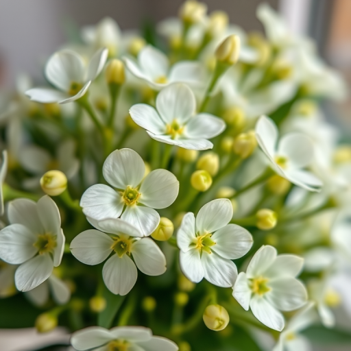 Capture a high-resolution image of a bouquet of delicate white and green flowers with soft petals, using a Canon EOS R5, 50mm f/1.2 lens, shot at f/2.8, ISO 100, in natural light, with a shallow depth of field and a clean, blurred background for enhanced focus on the flowers.