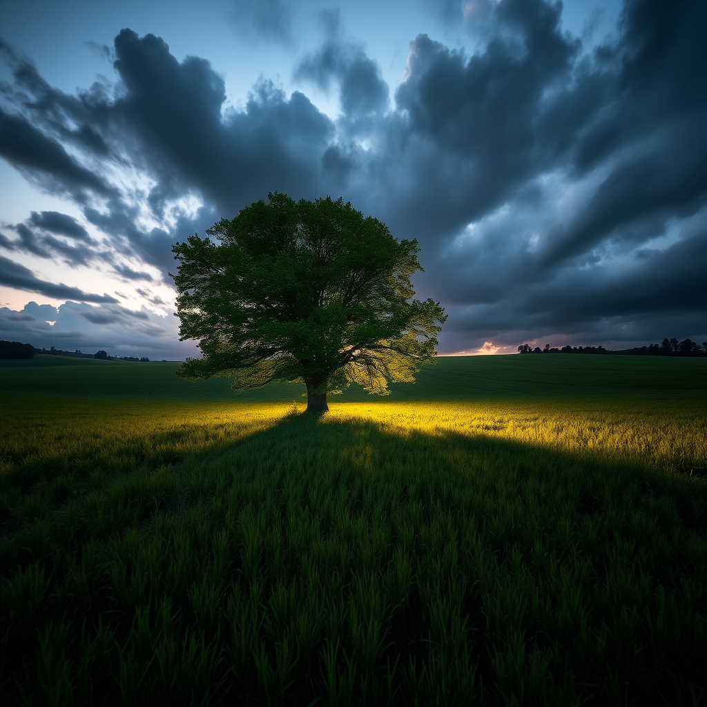 A solitary tree in a lush green field at twilight, illuminated by soft light, with dramatic clouds above; camera settings: ISO 200, f/8, 1/125s; camera view: wide-angle; camera style: landscape photography; camera type: DSLR.