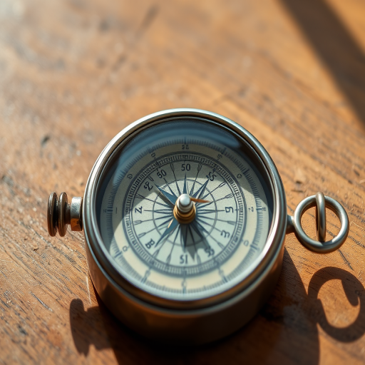 Create a high-resolution image of a vintage compass with a metallic frame and an antique face, using a DSLR camera, 50mm lens, f/2.8 aperture, ISO 100, positioned at eye level with soft natural lighting for enhanced detail and shadow play.