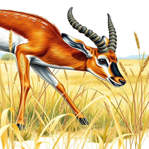 Create a detailed illustration of an antelope walking through a grassy landscape, focus on intricate textures and details in a realistic style, use a DSLR camera with a 50mm lens, aperture f/2.8, ISO 400, and capture from a low angle for depth.
