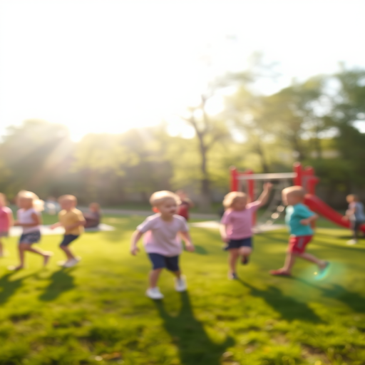 Blurry candid shot of a group of children playing in a sunlit park, with soft golden light casting long shadows on the playground and trees softly swaying in the background.