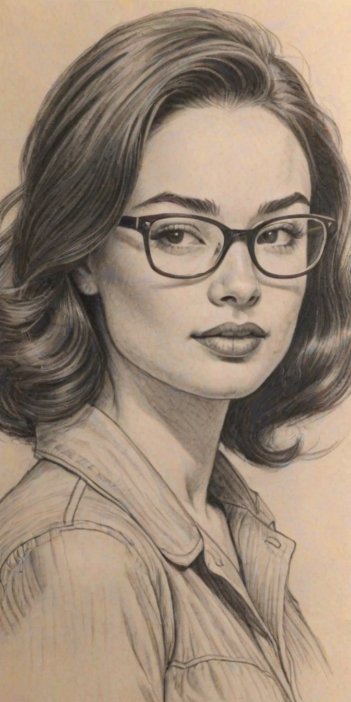 Beauteous Crystal Reed, pencil sketch, portrait of Delightful woman 1953s in glasses, hair style beatnik, outline, clear lines, fine lines, 8k
