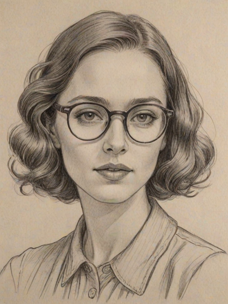 Lovely Elliot Page, pencil sketch, portrait of Comely woman 1930s in glasses, hair style beatnik, outline, clear lines, fine lines, 8k