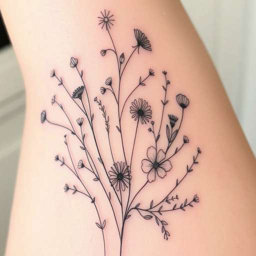 Delicate fine line botanical tattoo called "Whispers of Spring" featuring exquisitely detailed renderings of various wildflowers and herbs intertwining in a loose organic composition hairline-thin strokes capture the delicate nature of each petal and leaf creating a soft ethereal quality that appears almost translucent on the skin