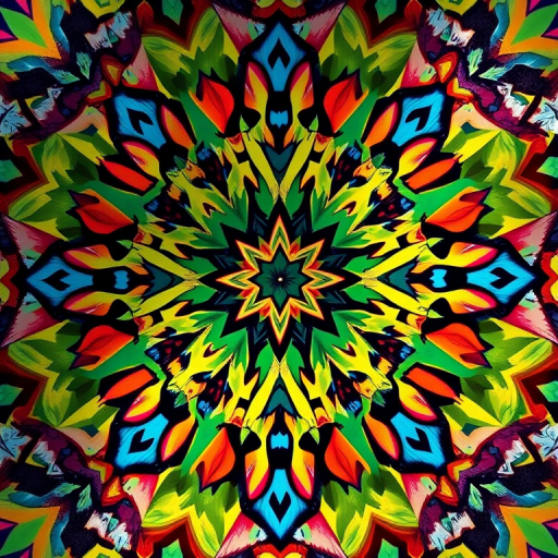 Create a high-resolution image of a stylized, abstract geometric pattern with vibrant colors and intricate details using a DSLR camera at f/4 aperture, ISO 100, 24mm lens, capturing a top-down view in natural light.