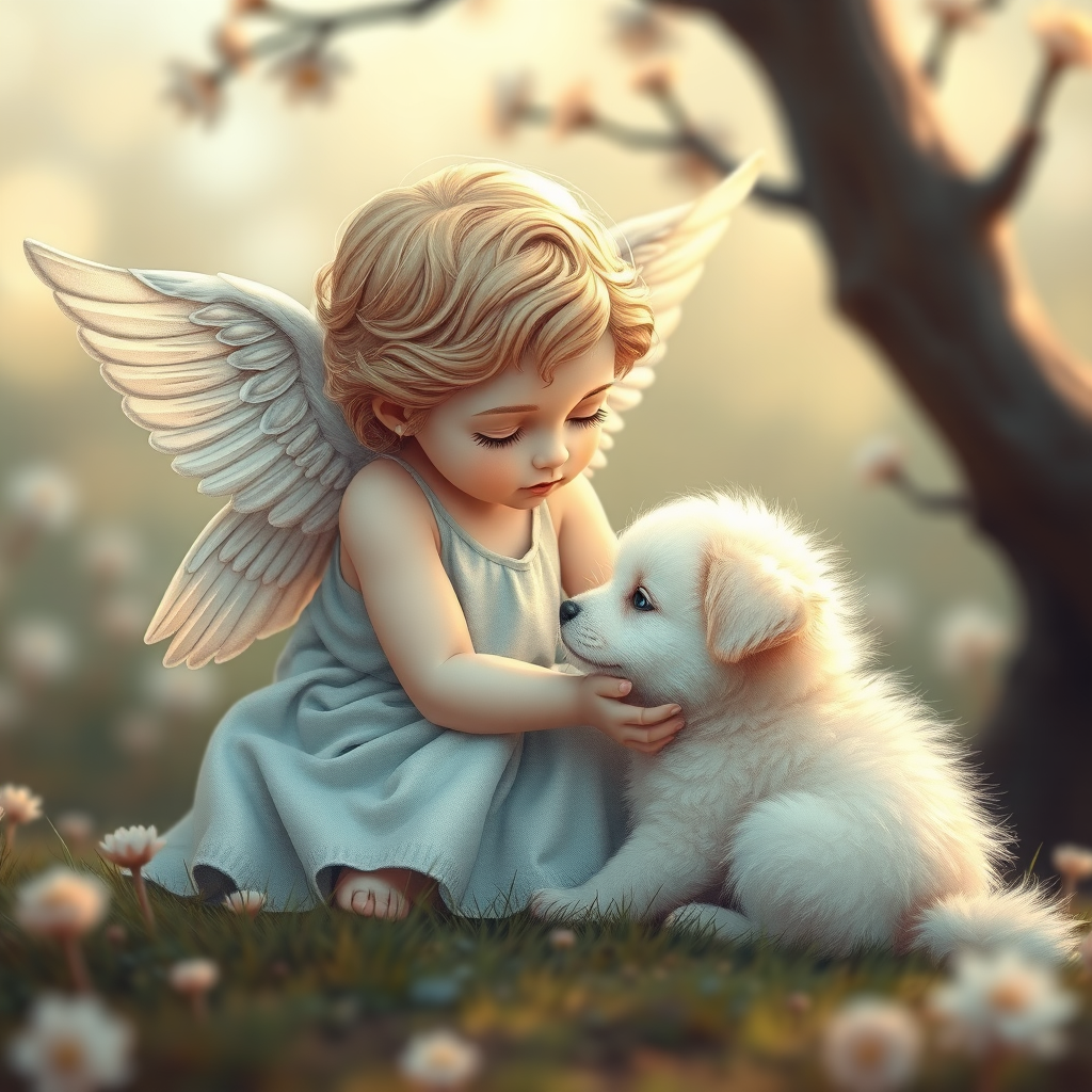 Create a detailed illustration of a cherubic figure with delicate wings interacting with a soft, fluffy puppy in a serene setting, use a Canon EOS R5 camera with a 50mm f/1.2 lens, set ISO 100, aperture f/2.8, shutter speed 1/200s, and capture from a low angle to enhance depth and detail.