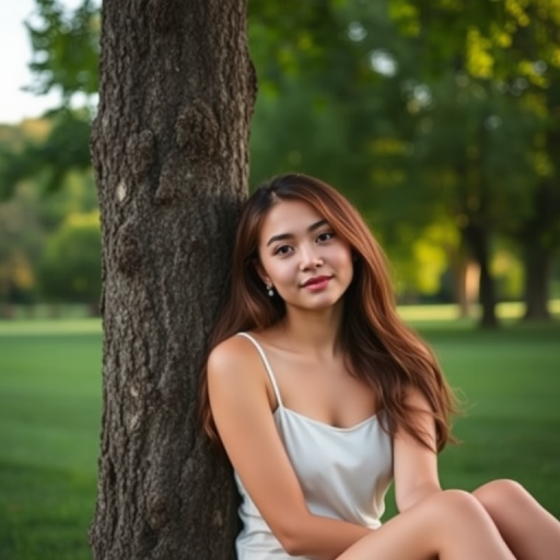 portrait of a young woman sitting by a tree in a lush green park, soft natural lighting, f/1.8 aperture, 50mm lens, shallow depth of field, DSLR camera, golden hour setting