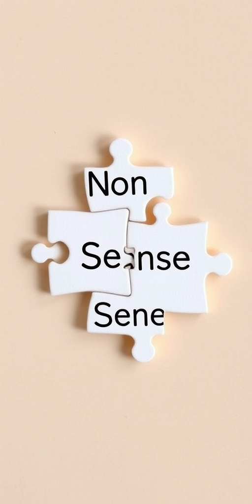 Create a high-resolution image of two puzzle pieces interlocking, one labeled "Non Sense" and the other "Sense," with a beige background and soft shadows, using a DSLR camera at f/4, ISO 100, with a 50mm lens, shot from a top-down view in natural light.