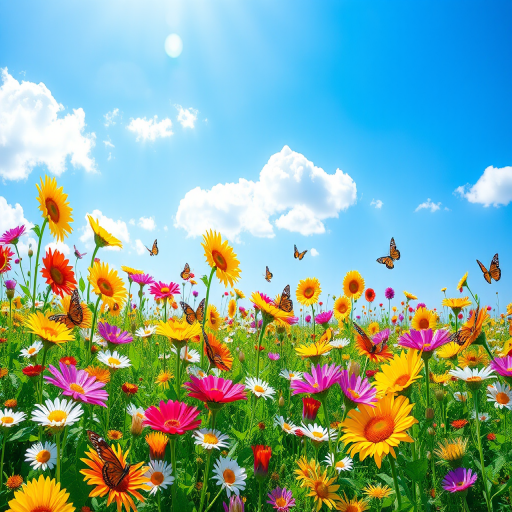 Generate an image of a vibrant flower field under a bright blue sky. Include a variety of colorful flowers in full bloom, such as daisies, sunflowers, and butterflies fluttering around. The scene should convey a sense of joy and tranquility, with soft clouds scattered across the sky and sunlight filtering through the flowers.