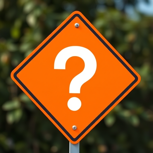 Create an image of a diamond-shaped orange warning sign with a large white question mark in the center, using a DSLR camera with a 50mm lens at f/2.8, ISO 100, and a shallow depth of field for a blurred background, capturing in natural daylight.