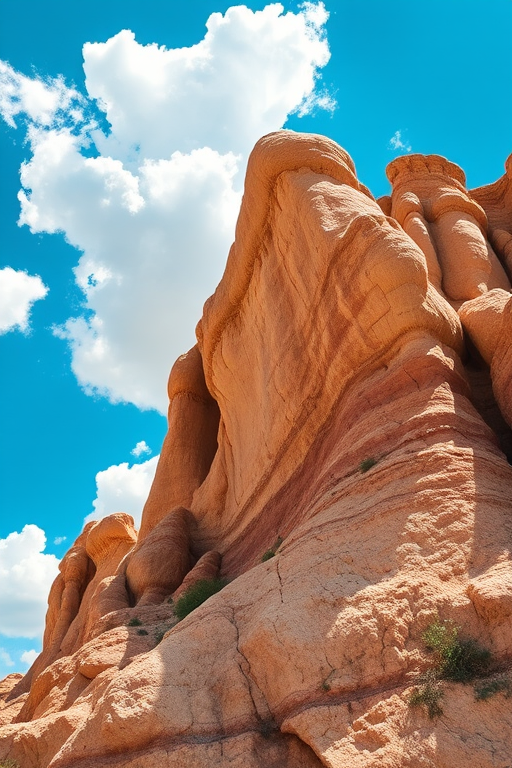 capture a stunning limestone rock formation under a clear blue sky with fluffy white clouds, using a DSLR camera with a 24mm lens, f/8 aperture, ISO 100, and a shutter speed of 1/250s, in landscape orientation to enhance depth and texture in the image