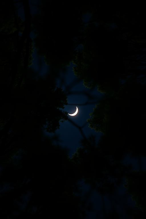 Crescent moon visible through a forest canopy at night, shot with a DSLR camera, 24mm lens, aperture f/2.8, ISO 800, 1/60s shutter speed, top-down view, long exposure style, high dynamic range processing.